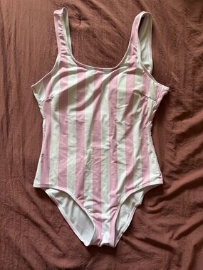 Pink and White Vertical Stripe One-Piece Swimsuit